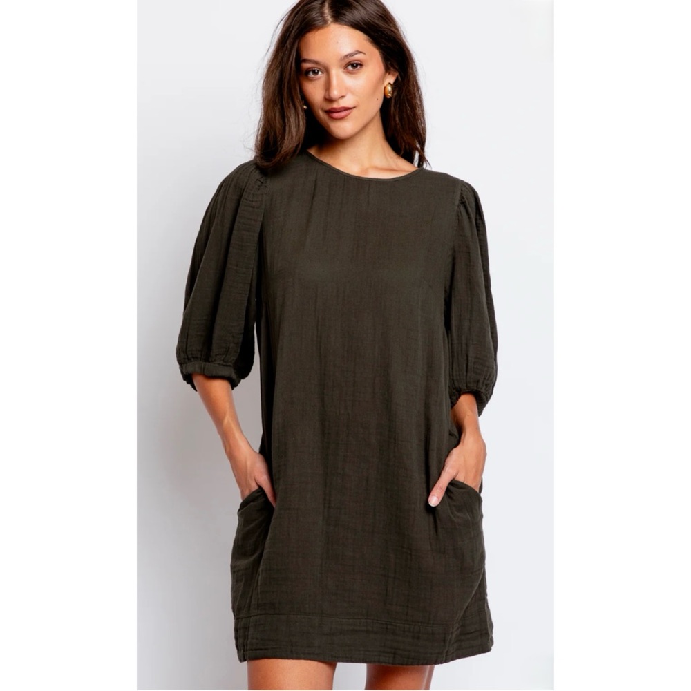 VELVET | NWT $239 Karina Gauze Dress in Thicket (Dark Olive), Size Medium